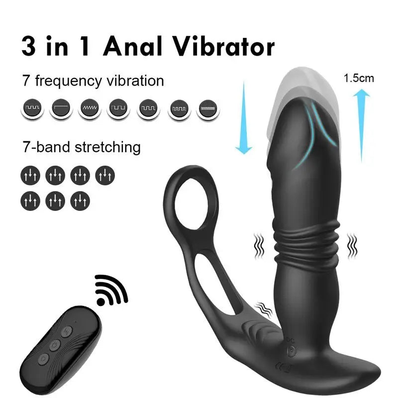 Vibrador Anal Telescópico 3 en 1 con Control por App y Anillo para Pene