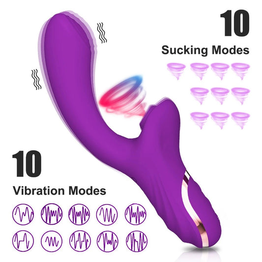 Vibrador Succionador y Dildo Flexible 2 en 1 de Silicona para Mujer