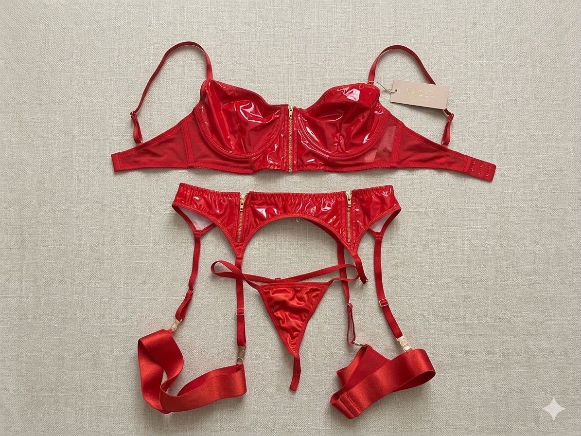 Conjunto Cuerina Red Passion - Corpiño con Cierre, Portaligas y Less