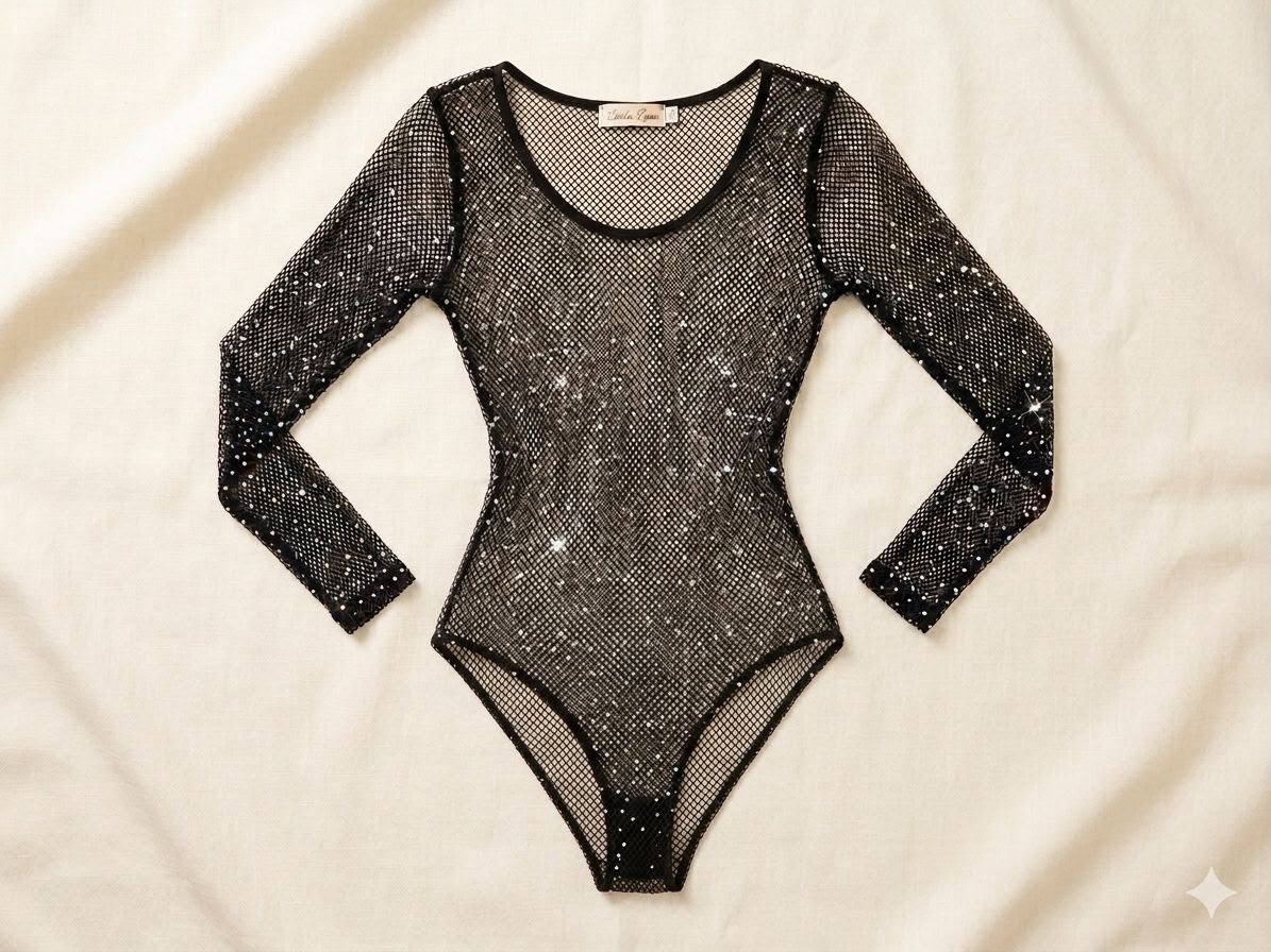 Body de Red con Strass Brillante y Mangas Largas