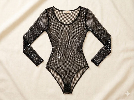 Body de Red con Strass Brillante y Mangas Largas