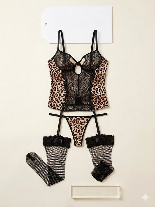 Corset Bustier Animal Print con Portaligas y Medias de Red