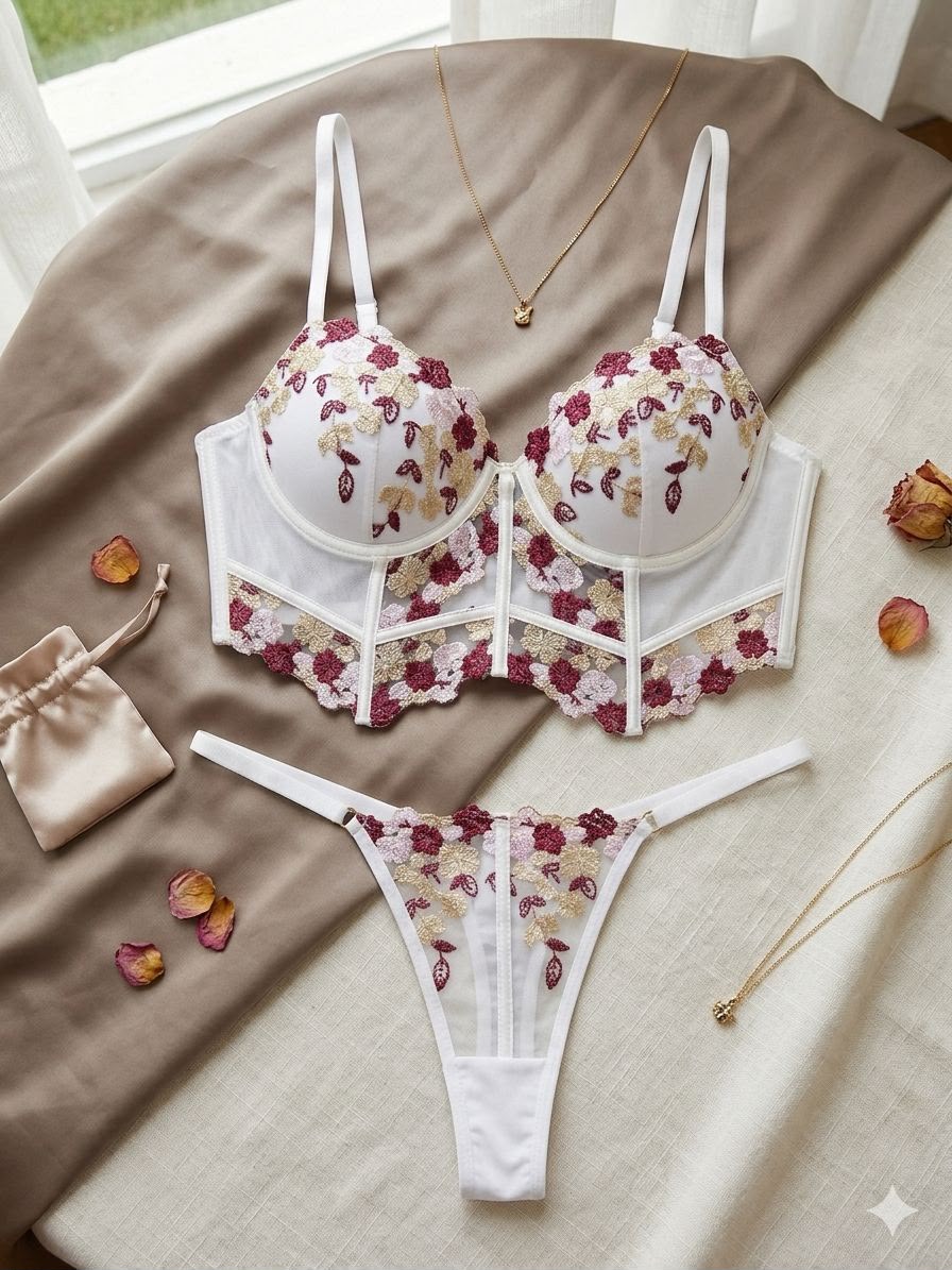 Set Bustier Romántico Blanco con Bordado Floral