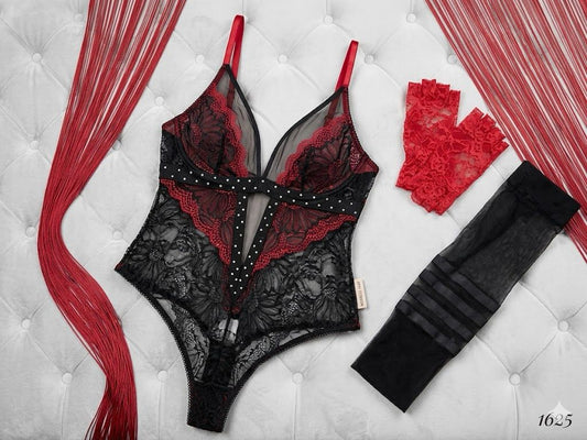 Body Luxury de Encaje y Tul con Detalles de Strass + Accesorios