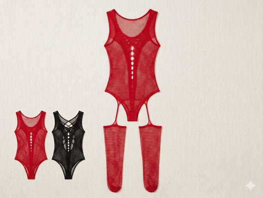 Bodystocking de Red con Portaligas Integrado y Aberturas Cutt-Out